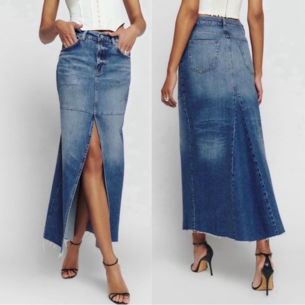 Reformation Tazz Medium Blue Denim Maxi Long Skirt 26 Hemlock Wash Color 
EUC